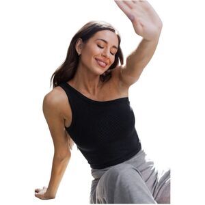 Savvi Black Ribbed One Shoulder Crop Top